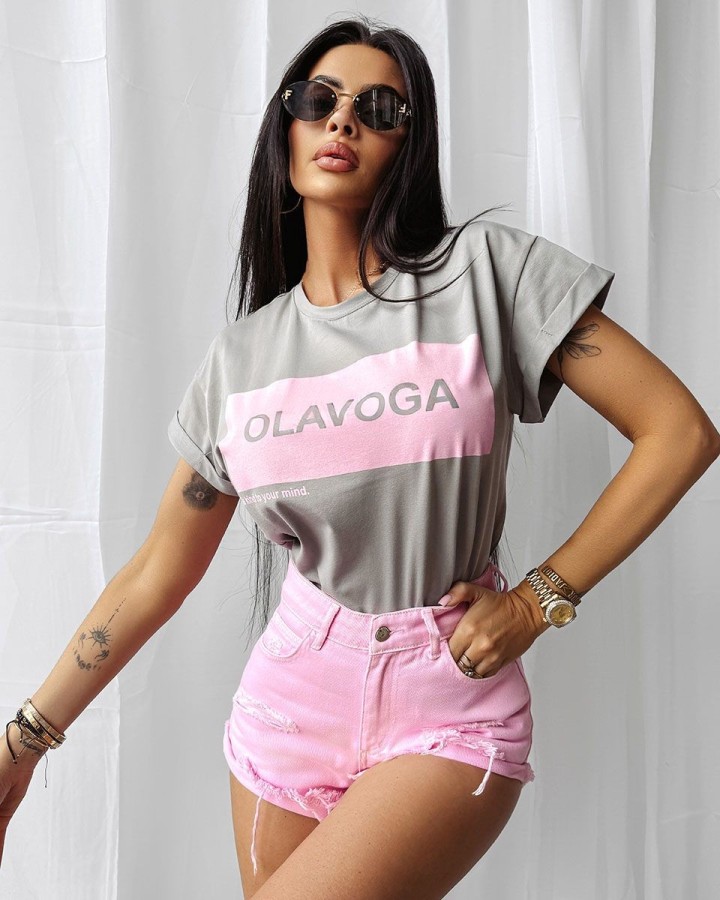 T-shirt damski OLAVOGA SNACK 2025 szary - FashionPlace - 1