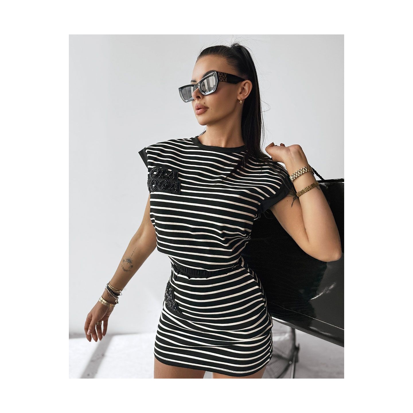 Komplet damski OLAVOGA NAUTICAL STRIPES 2025 czerń/ecru - FashionPlace - 3