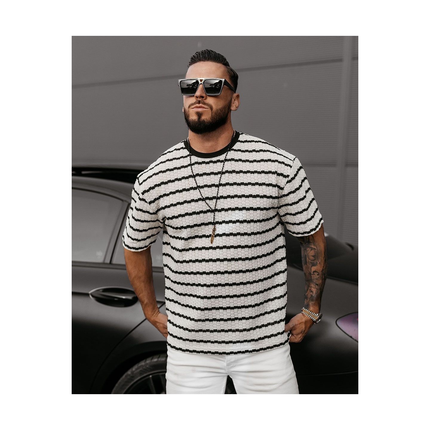 T-shirt męski OLAVOGA STRIP 2025 ecru/czerń - FashionPlace - 2