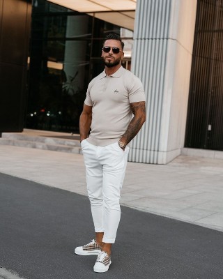 T-shirt męski polo OLAVOGA TWIST 2025 beż - FashionPlace - 1