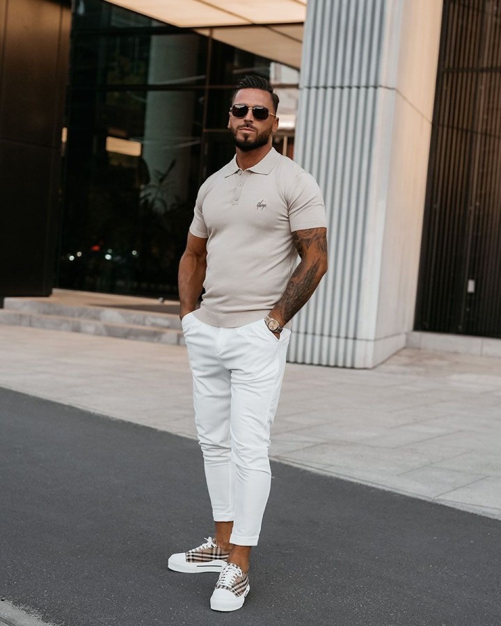 T-shirt męski polo OLAVOGA TWIST 2025 beż - FashionPlace - 1