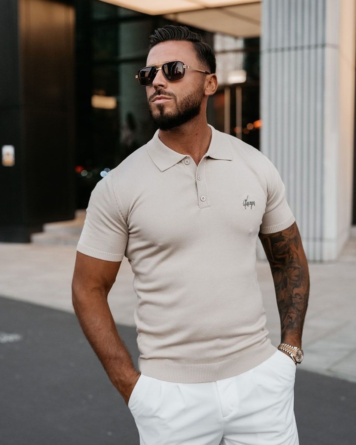 T-shirt męski polo OLAVOGA TWIST 2025 beż - FashionPlace - 2