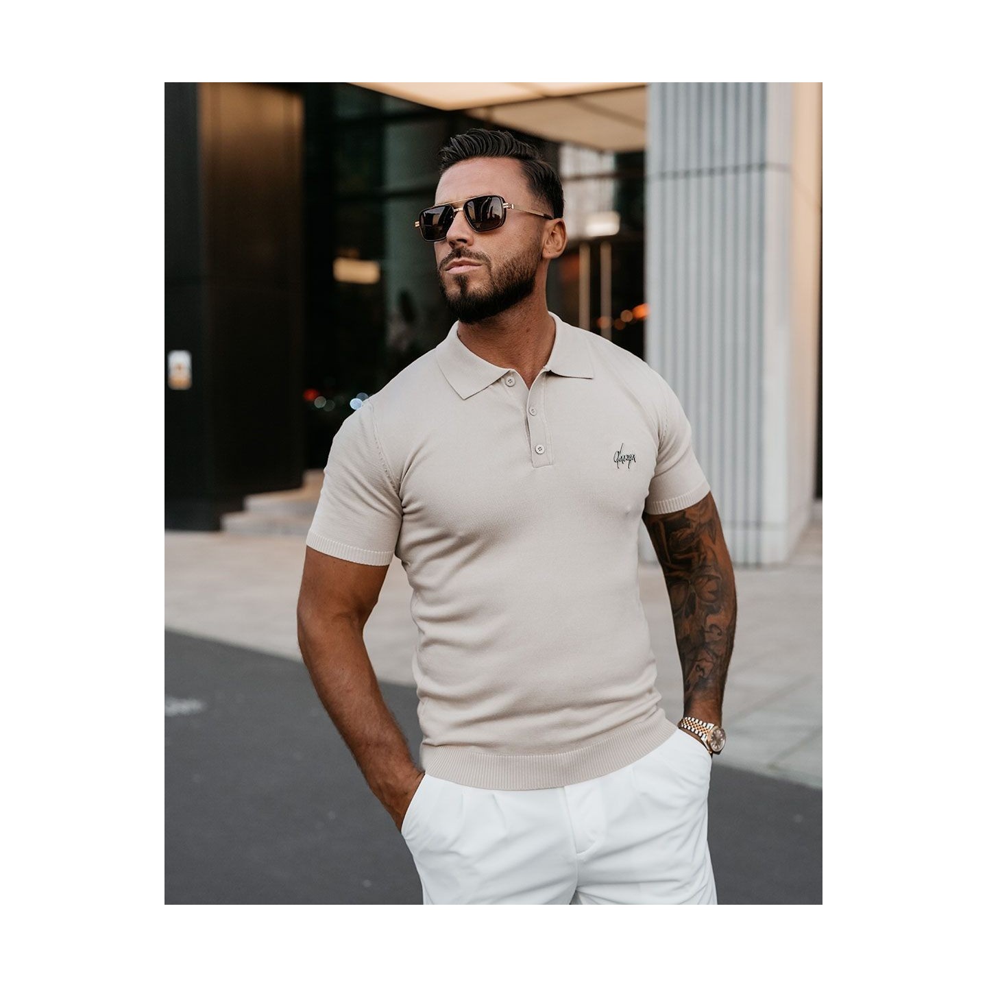 T-shirt męski polo OLAVOGA TWIST 2025 beż - FashionPlace - 2