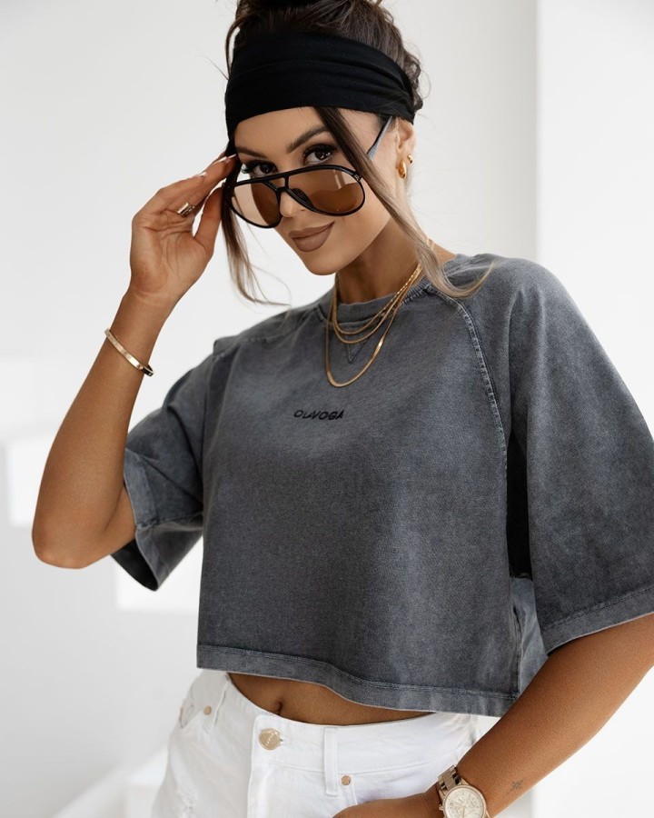 T-shirt damski OLAVOGA VIROTO 2025 ciemny szary - FashionPlace - 1